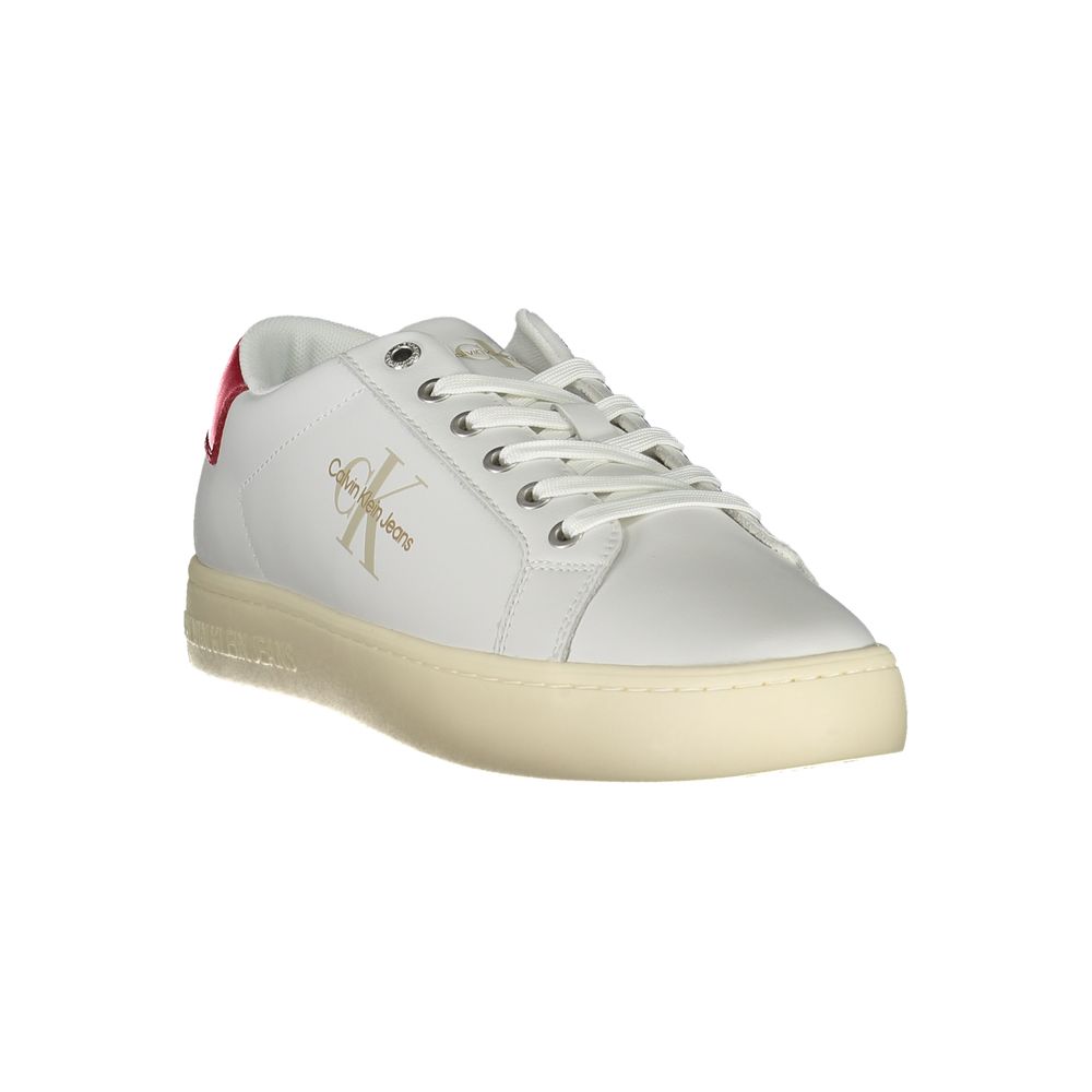 A white men's sneaker with a red logo on the side, featuring a lace-up design and a tan sole