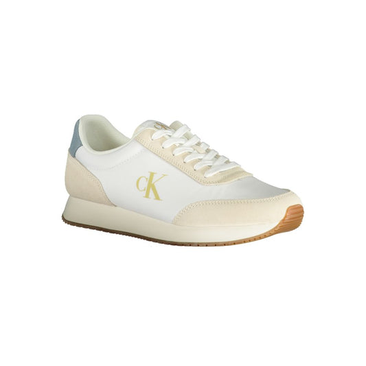 A white men's sneaker with a gold logo on the side, featuring a lace-up front and a flat sole
