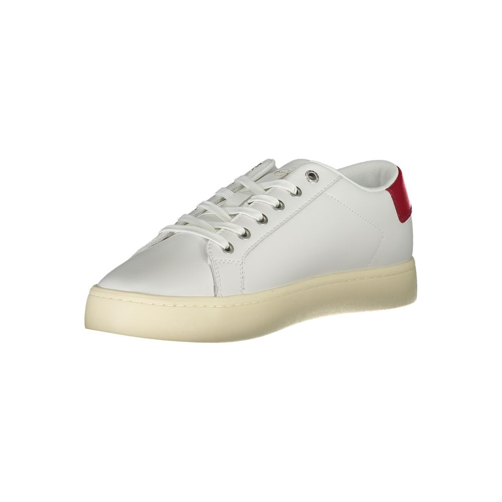 A white sneaker with a red logo on the side, featuring a flat sole and laces