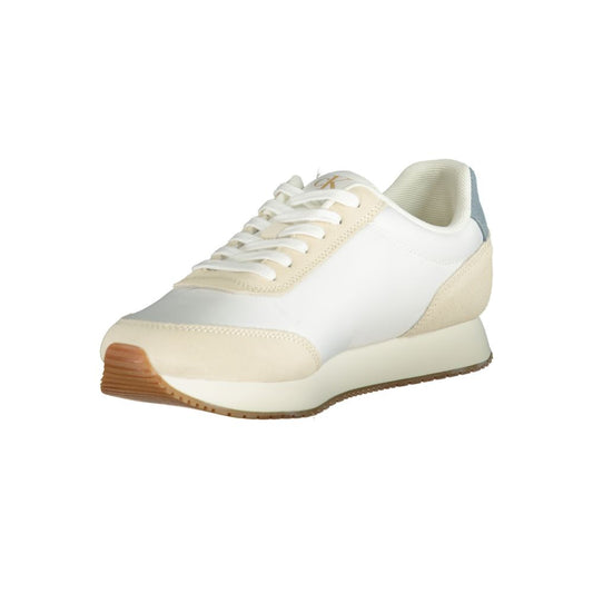 A white men's sneaker with a tan sole, laces, and heel tab