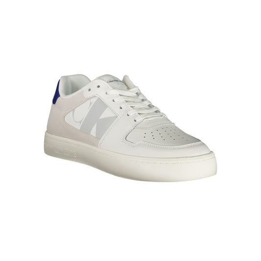 A white men's sneaker with a black logo on the side and a black sole