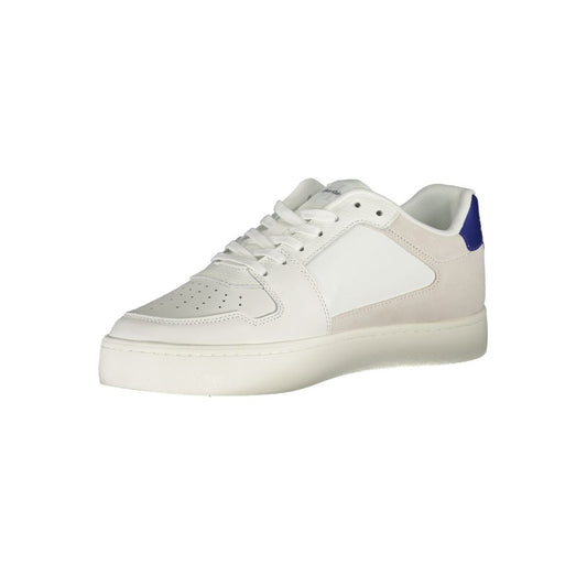 A white men's sneaker with a blue stripe on the side, featuring a lace-up closure and a flat sole