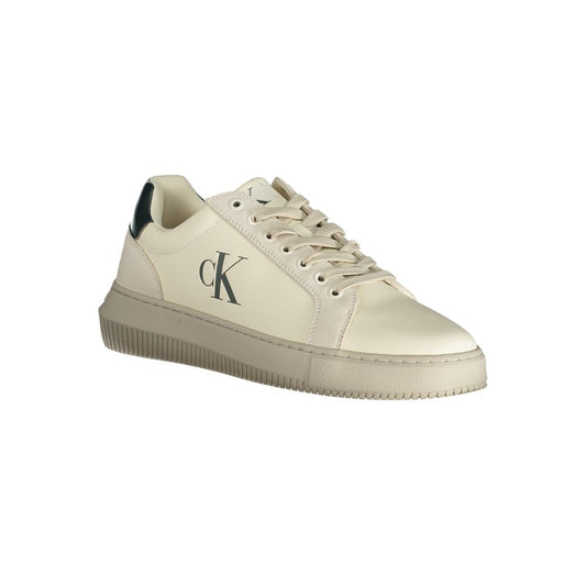 A white polyurethane men's sneaker with a logo on the side, featuring a lace-up design and a flat sole