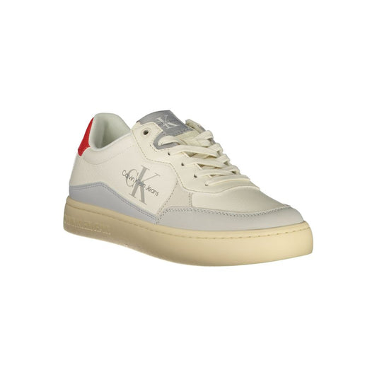 A white sneaker with a red logo on the side, featuring a polyurethane sole and laces