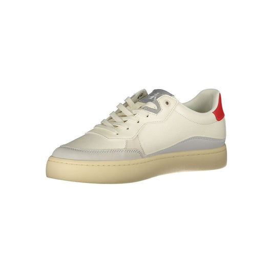 A white men's sneaker with a red logo on the side, featuring a lace-up design and a flat sole