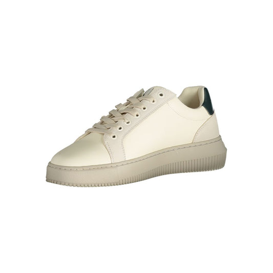 A white men's sneaker with a low top, lace-up front, and a flat sole
