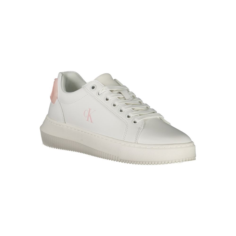 A white women's sneaker with a pink logo, featuring a low top and a chunky sole