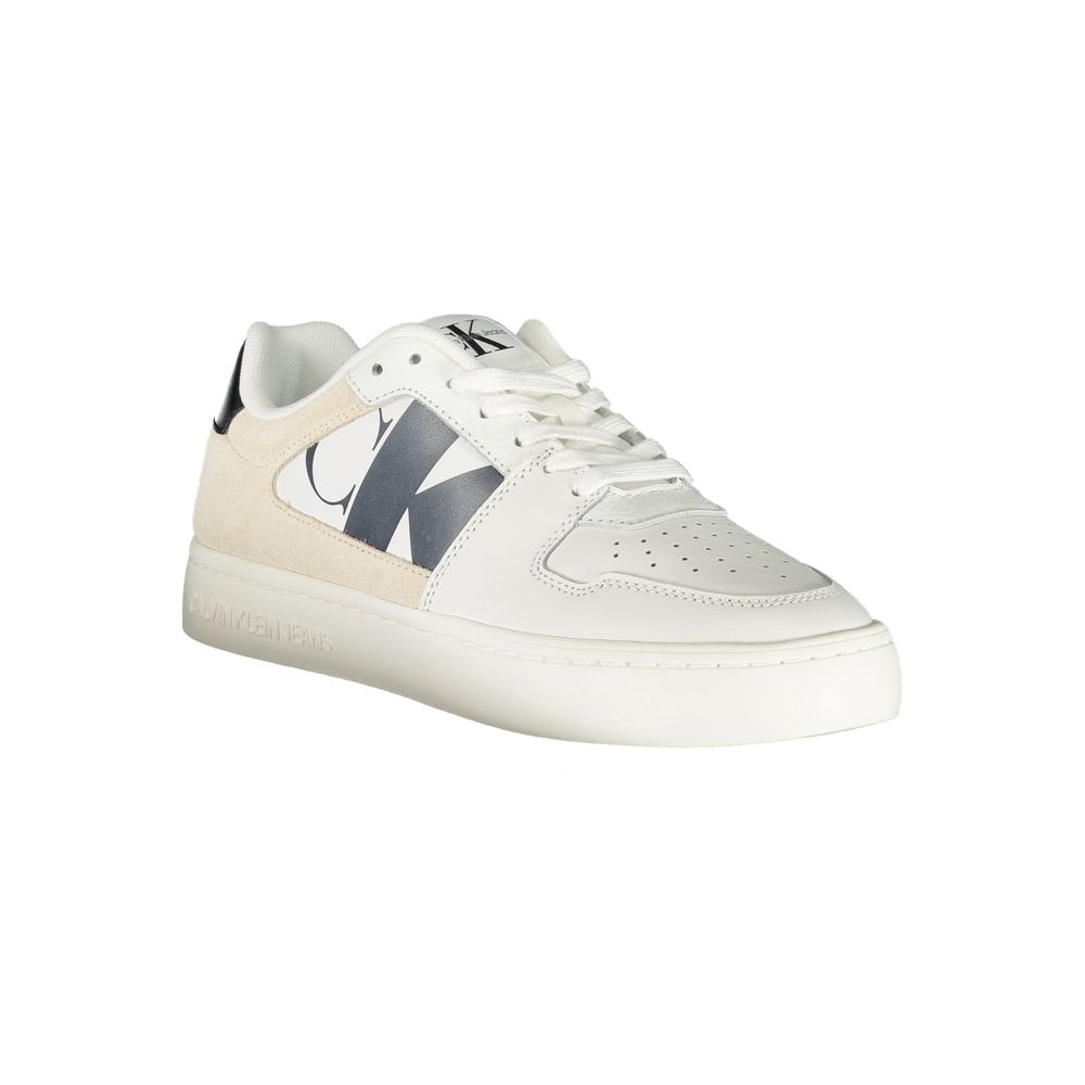 A white sneaker with a black sole from Calvin Klein, designed for women