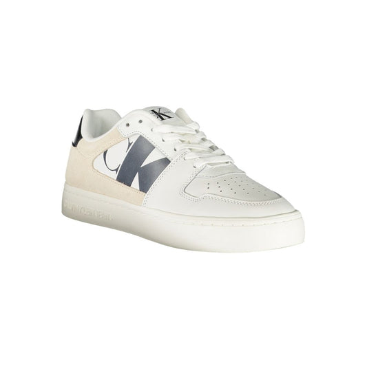 A white sneaker with a black sole from Calvin Klein, designed for women