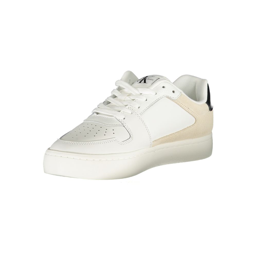 A white and tan women's sneaker with a lace-up front, featuring the Calvin Klein logo on the side