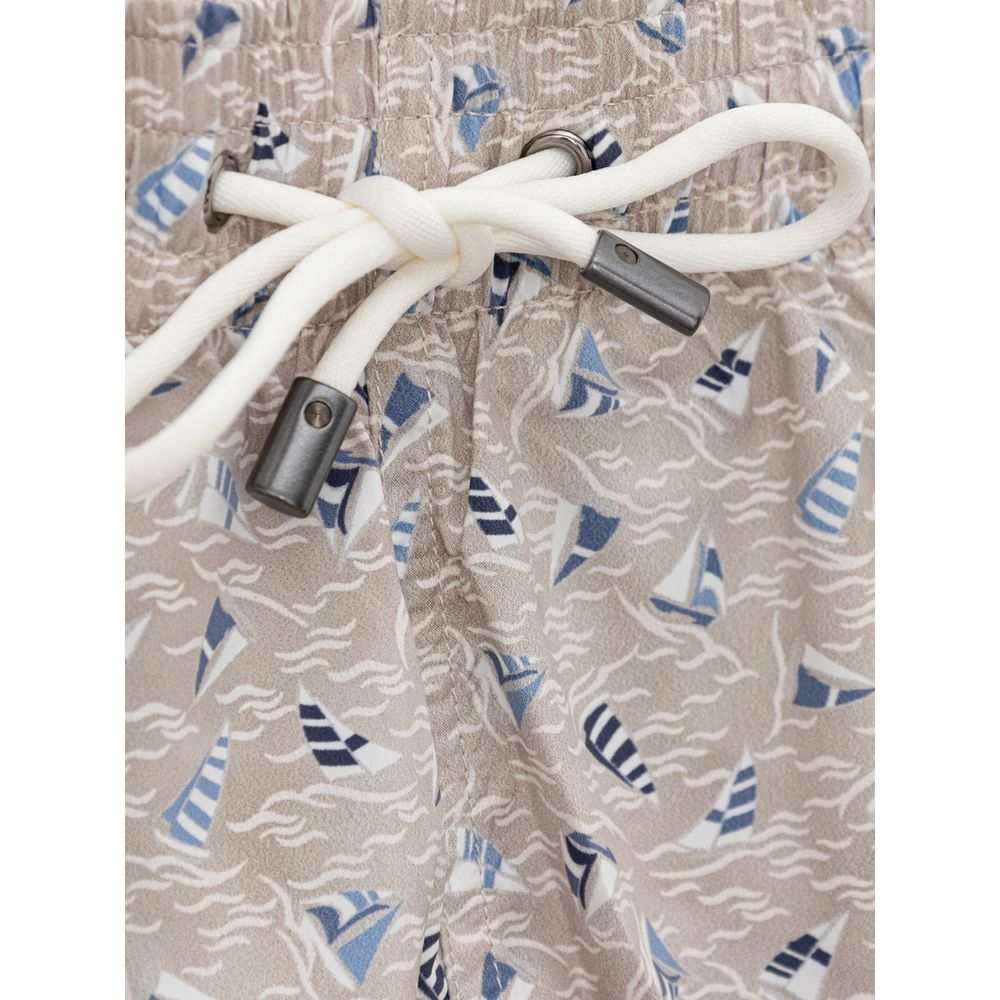 Pair of patterned swim trunks with a rope tie