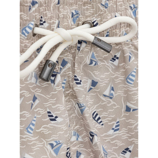 Pair of patterned swim trunks with a rope tie