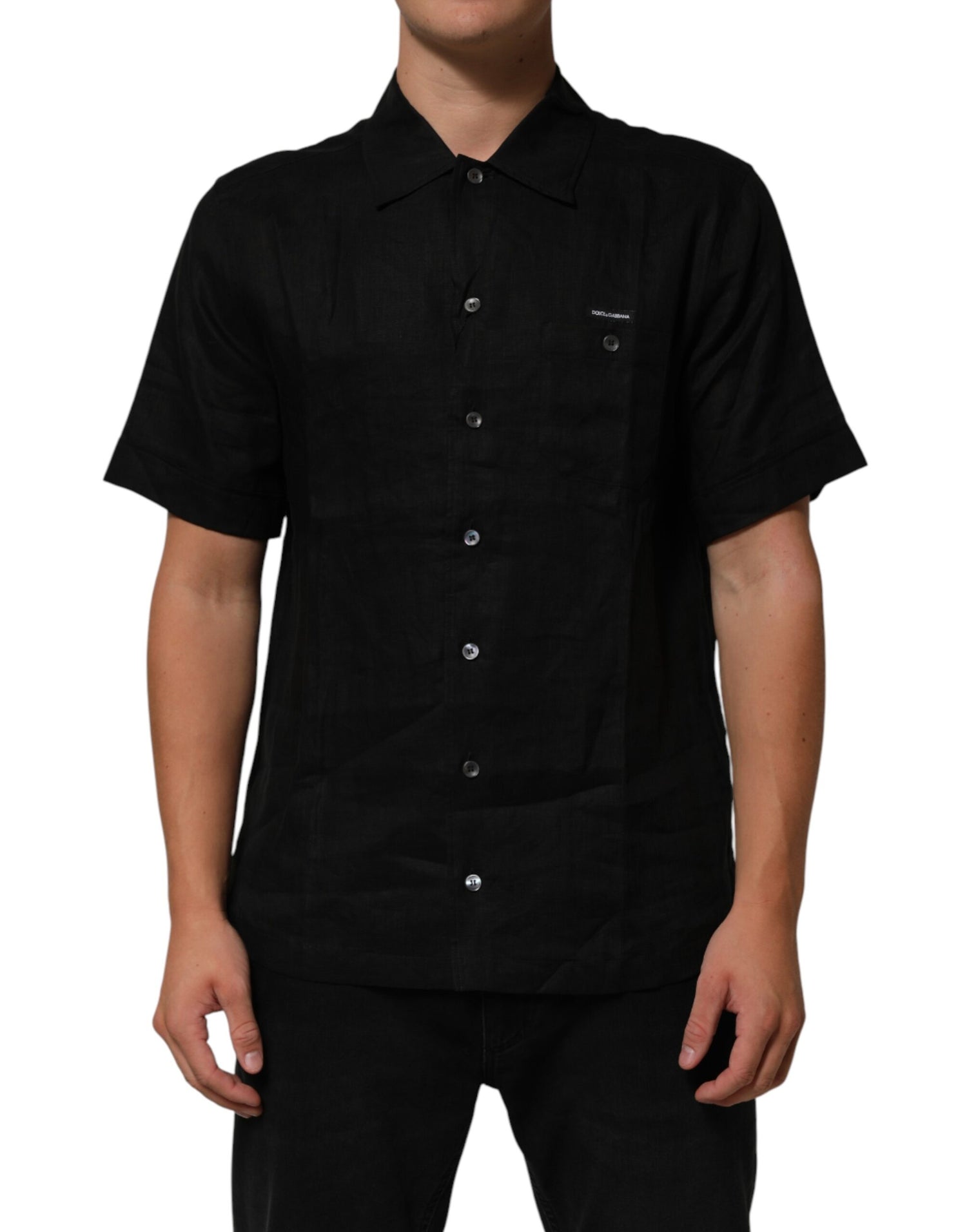 Man wearing black short sleeve shirt