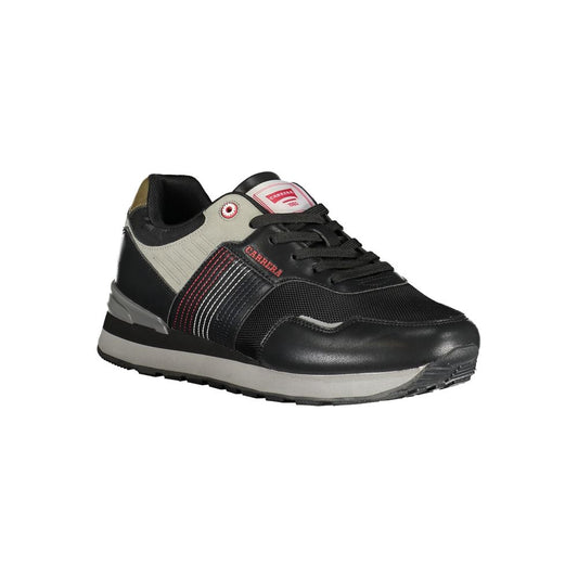 A black polyurethane men's sneaker with a white sole, featuring red and white stripes on the side