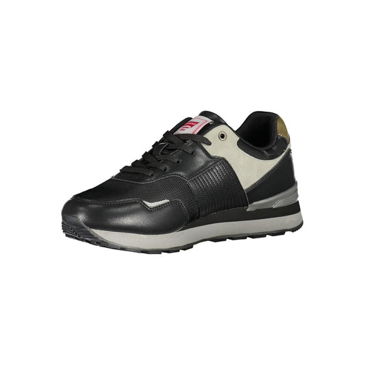 A black polyurethane men's sneaker with white accents