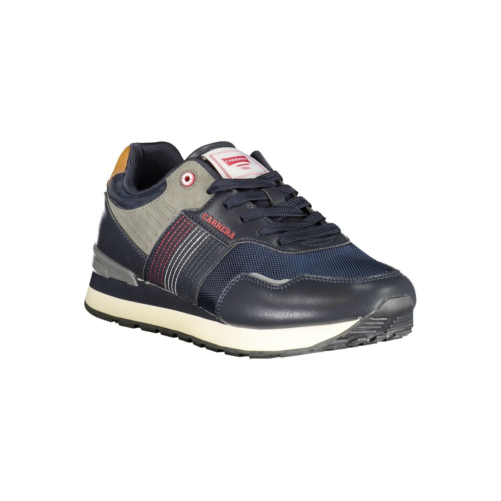 A blue polyurethane men's sneaker with a white sole, featuring a black and grey design on the upper
