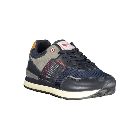A blue polyurethane men's sneaker with a white sole, featuring a black and grey design on the upper