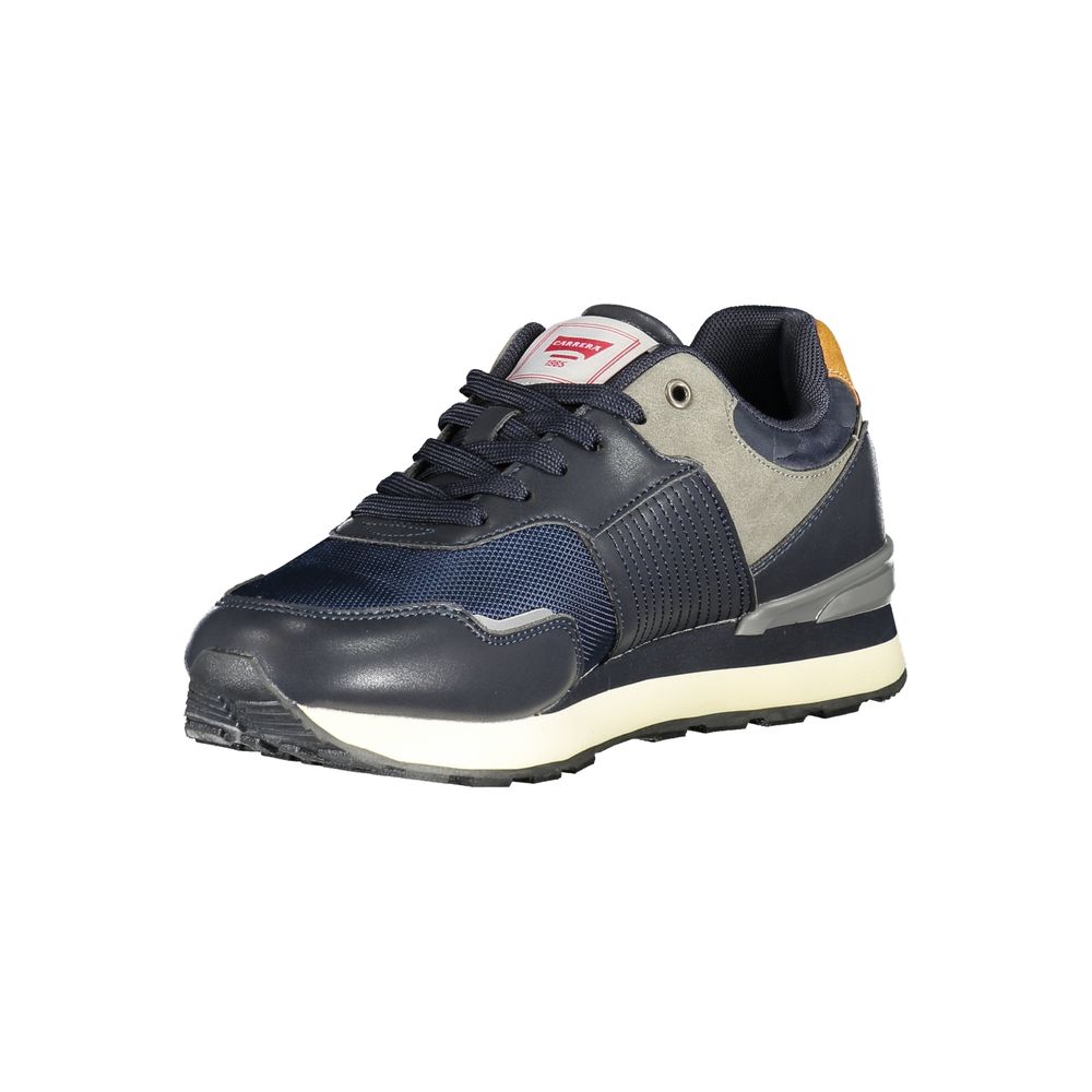 A blue men's sneaker with white sole, featuring a polyurethane upper and a logo on the side