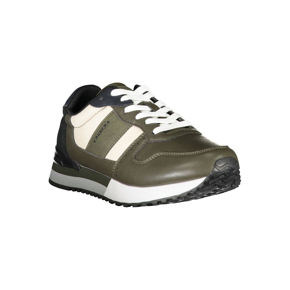 Green men's sneaker with white laces, black sole, and white stripe on side