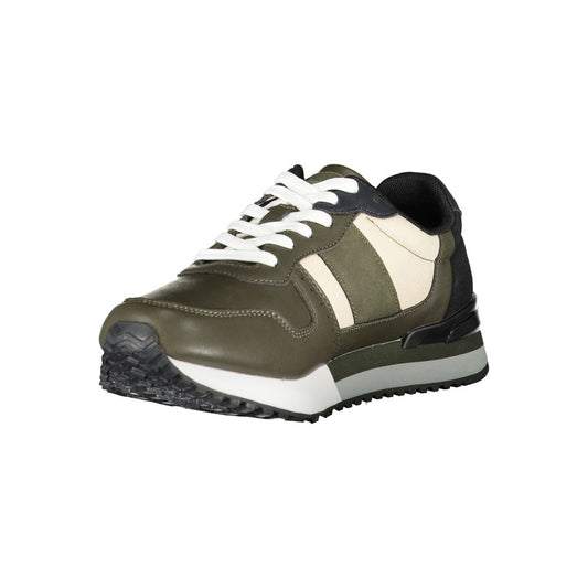 Green men's sneakers with white laces, black sole, and white stripe on side