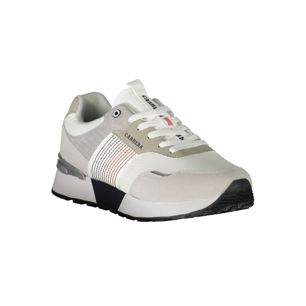 A white sneaker with a red stripe on the side