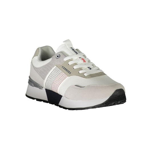 A white sneaker with a red stripe on the side