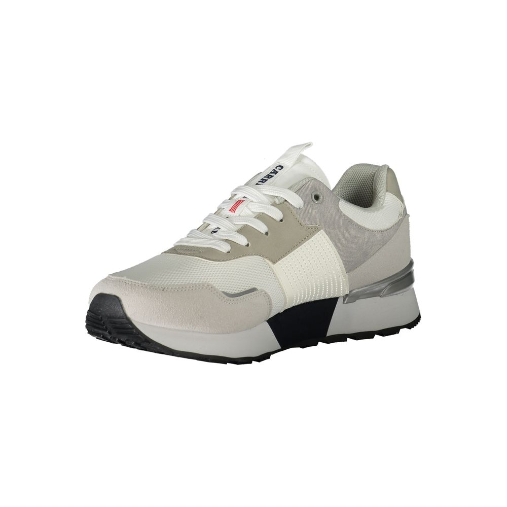 A white sneaker with a gray sole and laces