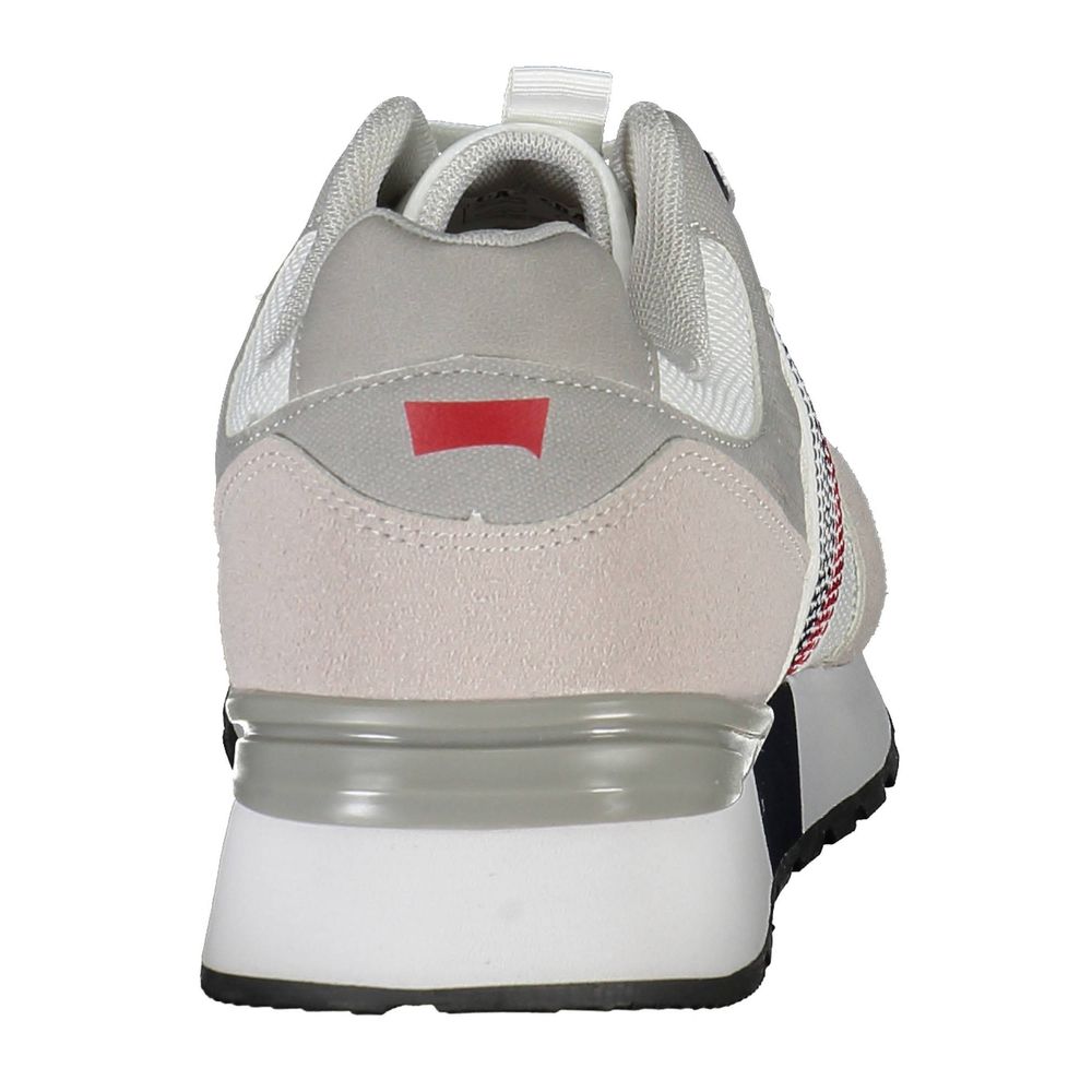 A white sneaker with a red logo on the side, designed for men