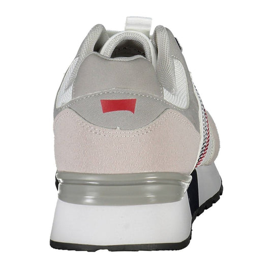 A white sneaker with a red logo on the side, designed for men
