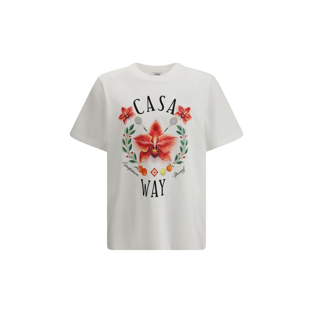 White t-shirt with red flowers and green leaves design on front