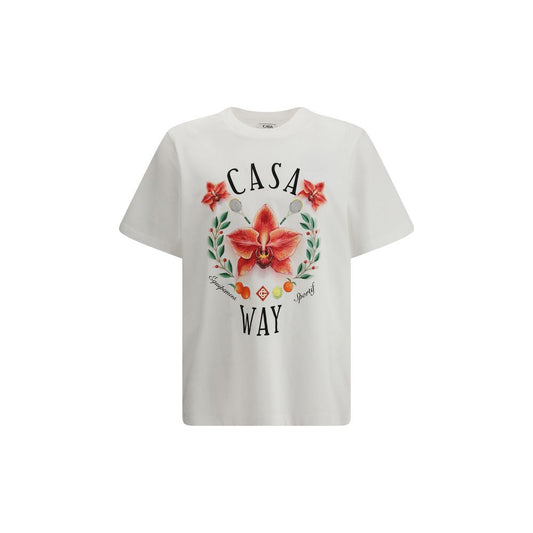 White t-shirt with red flowers and green leaves design on front