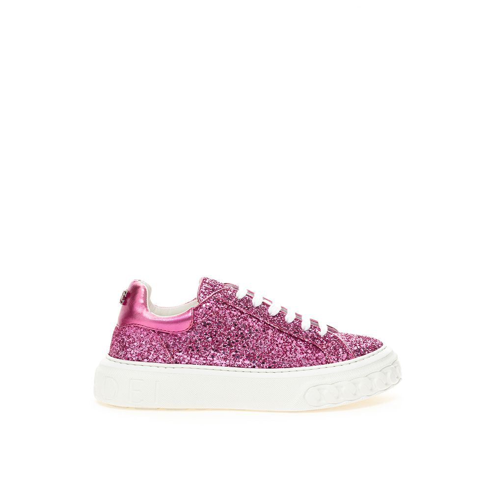 Pink glittery sneaker with white sole and laces