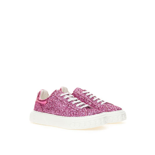 Pink glittery sneakers with white laces and soles