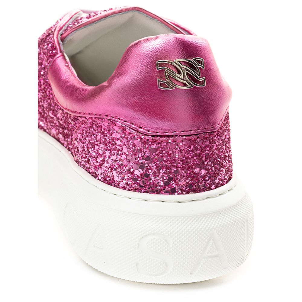Pink glittery sneaker with white sole and pink laces