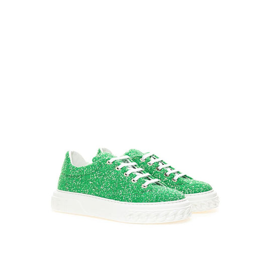 Green glittery sneakers with white laces and sole