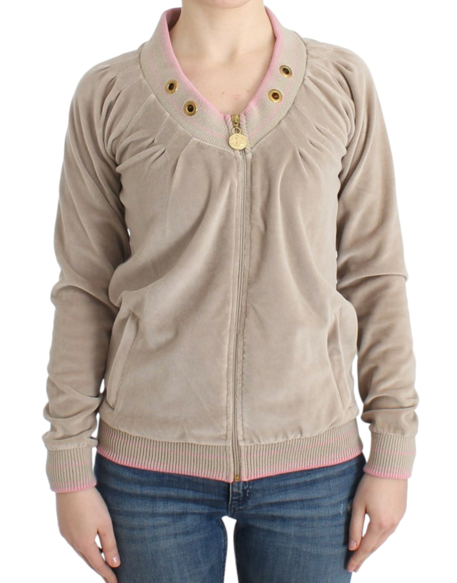 Tan cardigan with pink trim and buttons