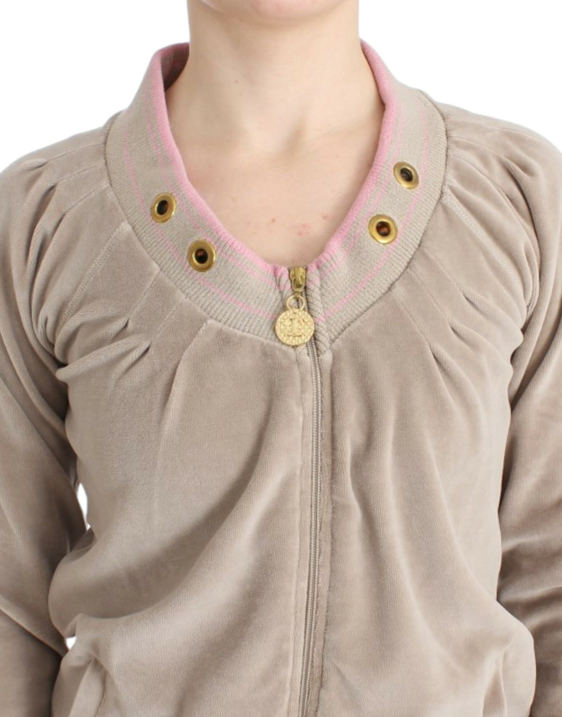 Tan cardigan with pink buttons