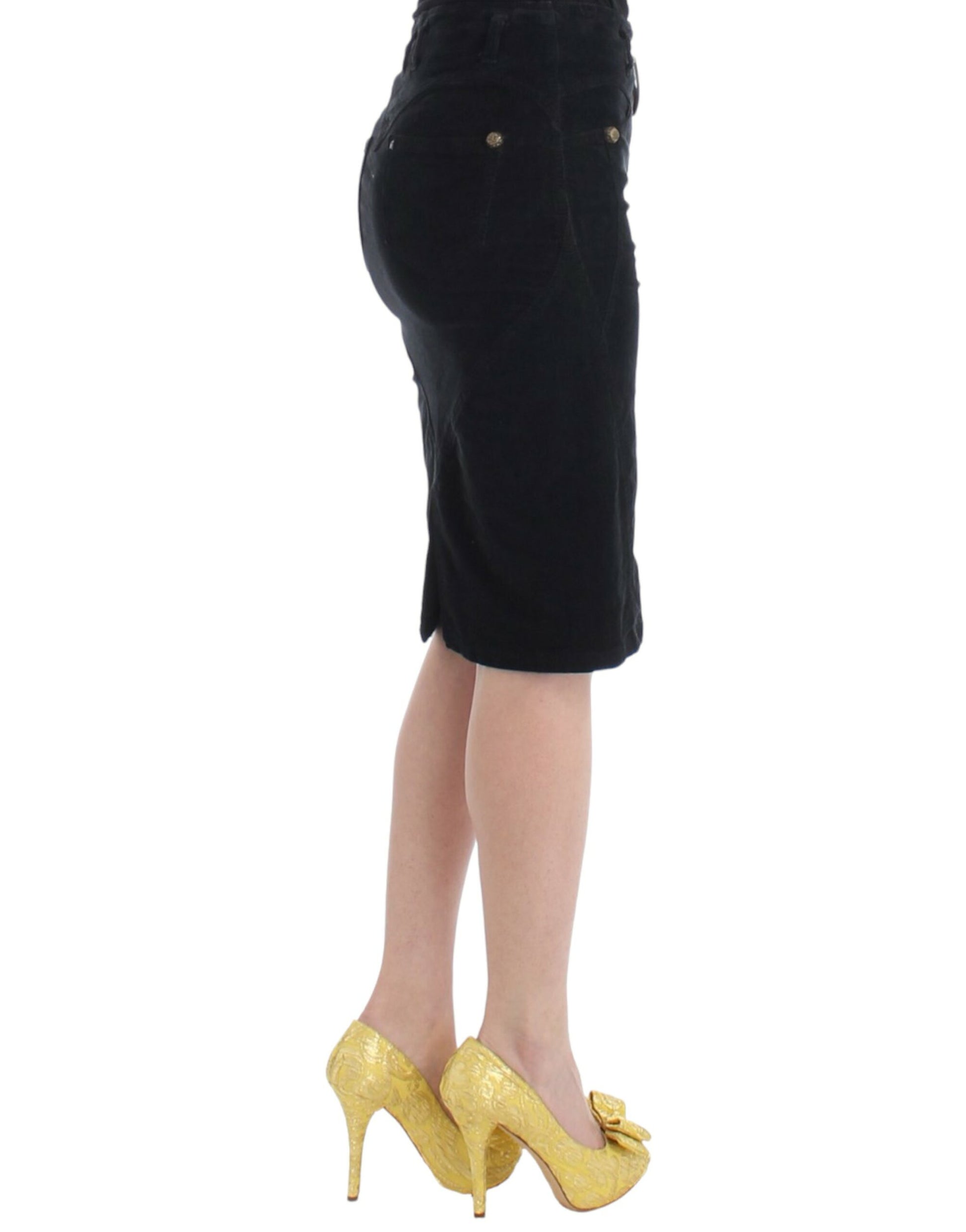 Black skirt with gold heels