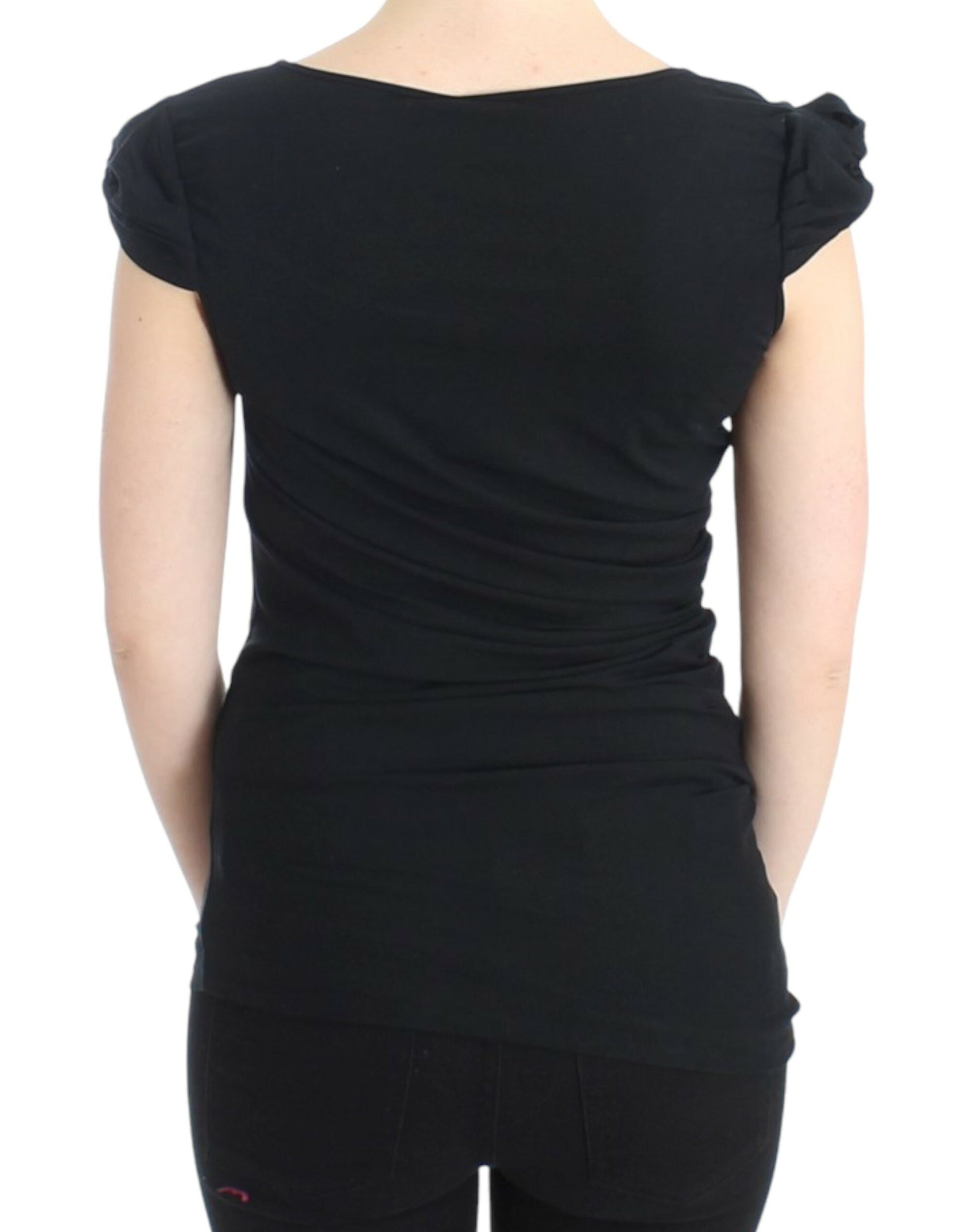 Black sleeveless top on a woman's back