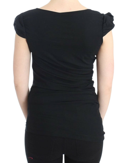 Black sleeveless top on a woman's back