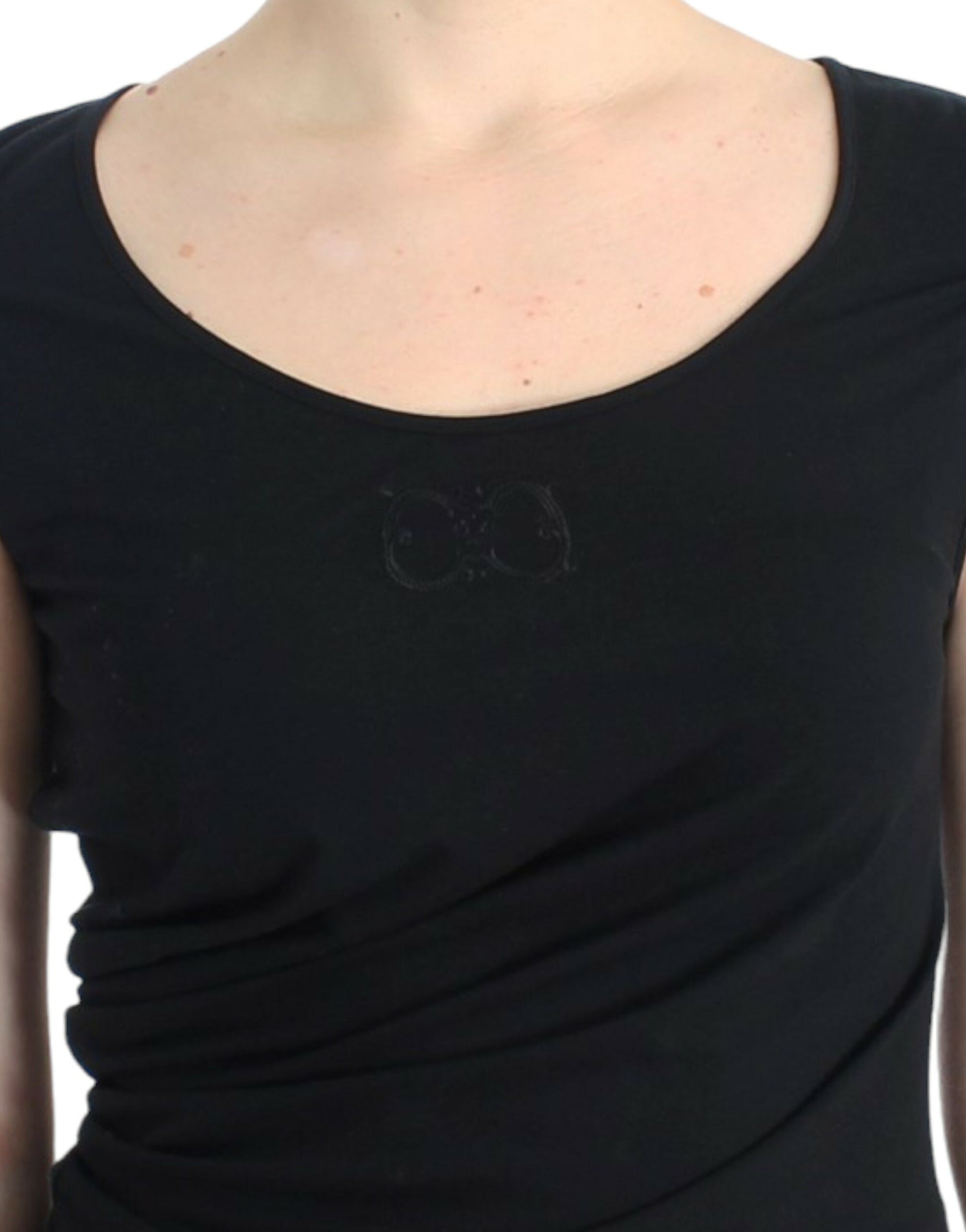 Black short sleeve shirt with a scoop neckline