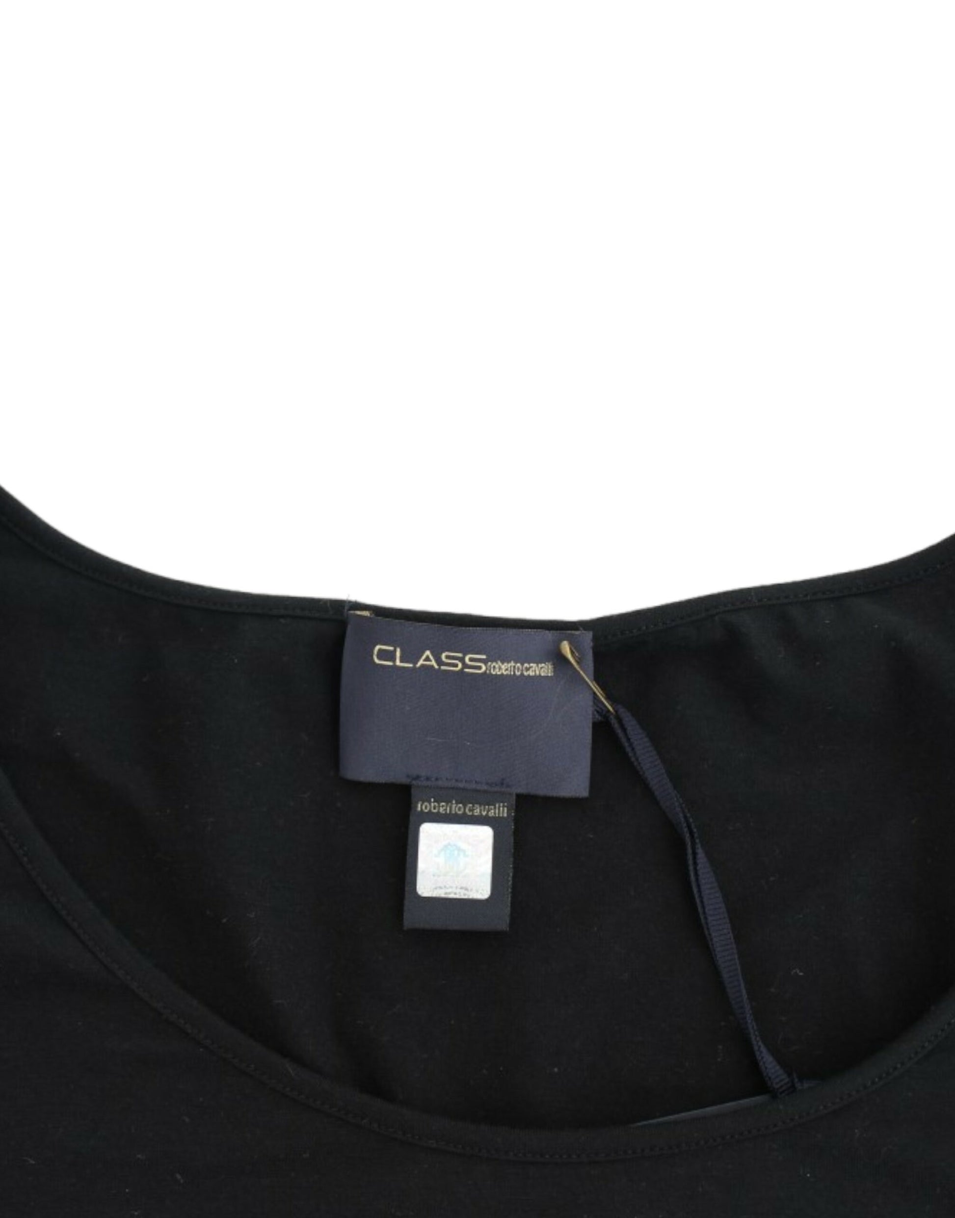 Black garment with label tag on neckline
