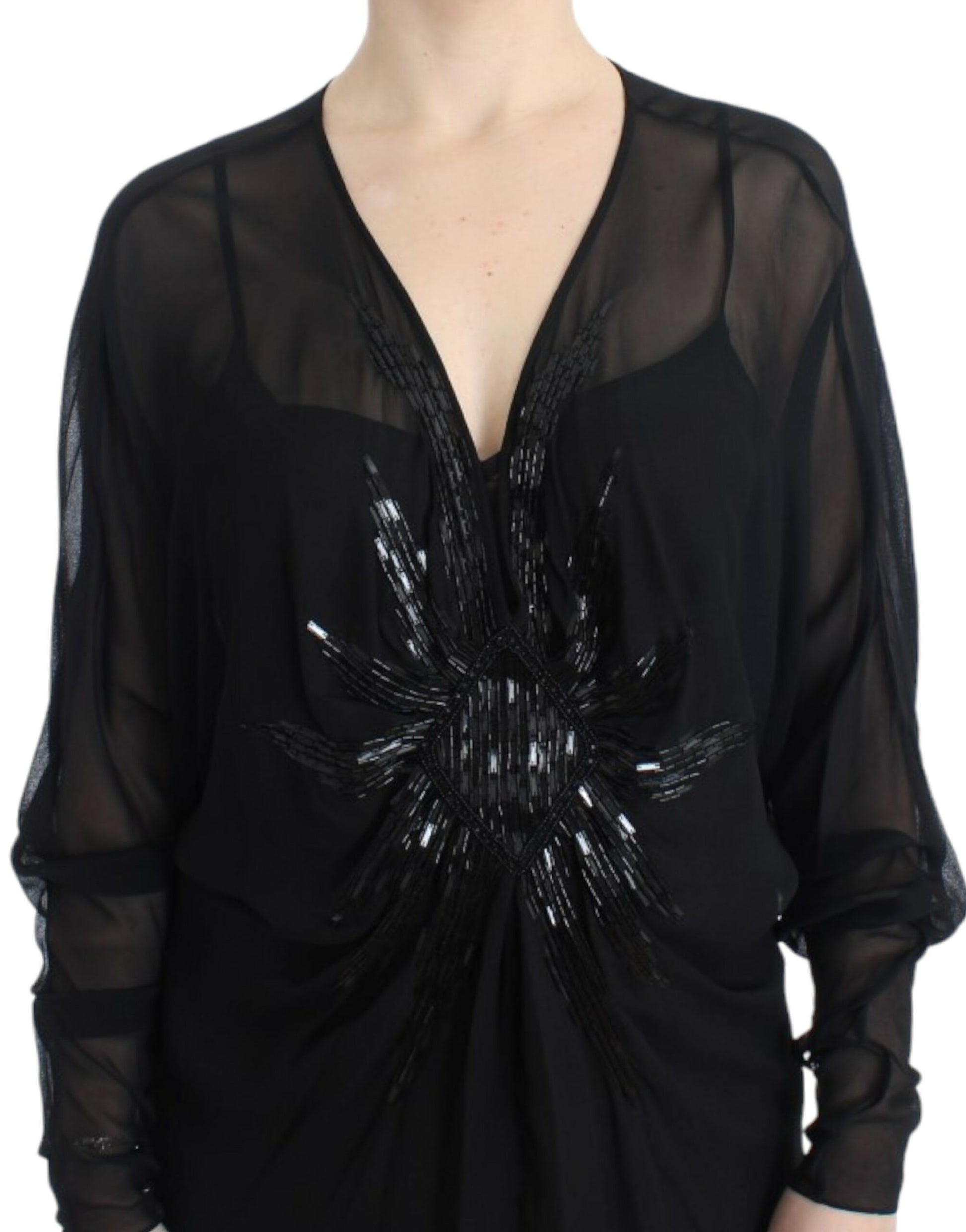Long sleeve black lace top with embellishments on front