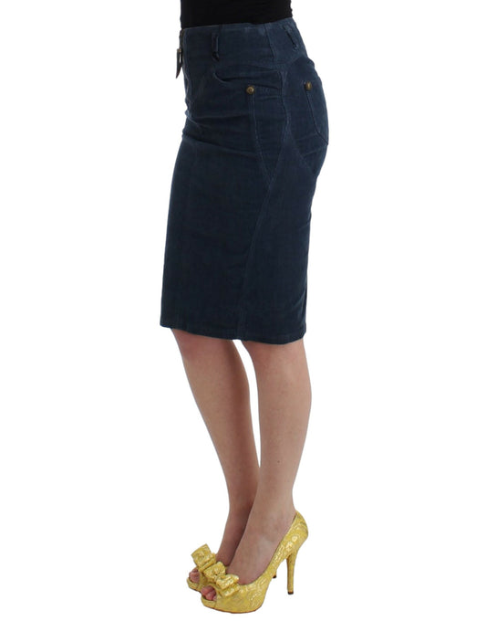 Woman wearing denim skirt and yellow heels