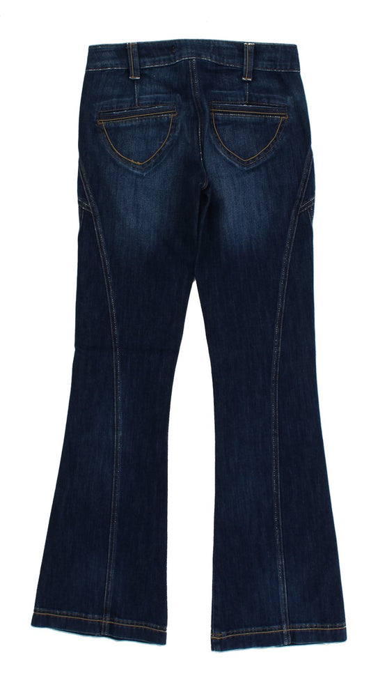Pair of blue jeans with flared legs and back pockets