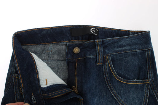Pair of blue denim jeans with visible stitching and button closure
