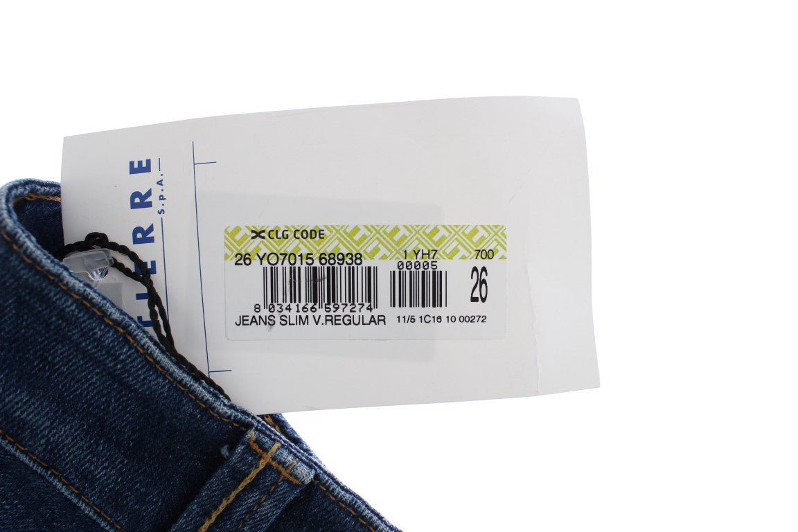 Blue jeans with white tag inside waistband