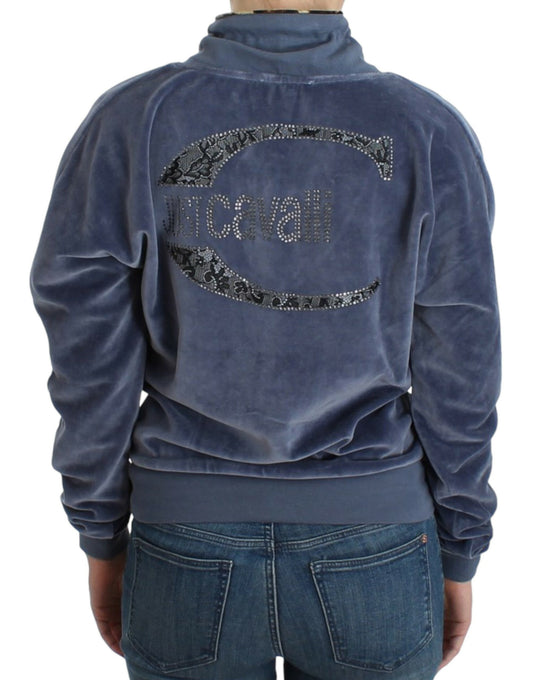 Blue velvet jacket with embroidered logo on back