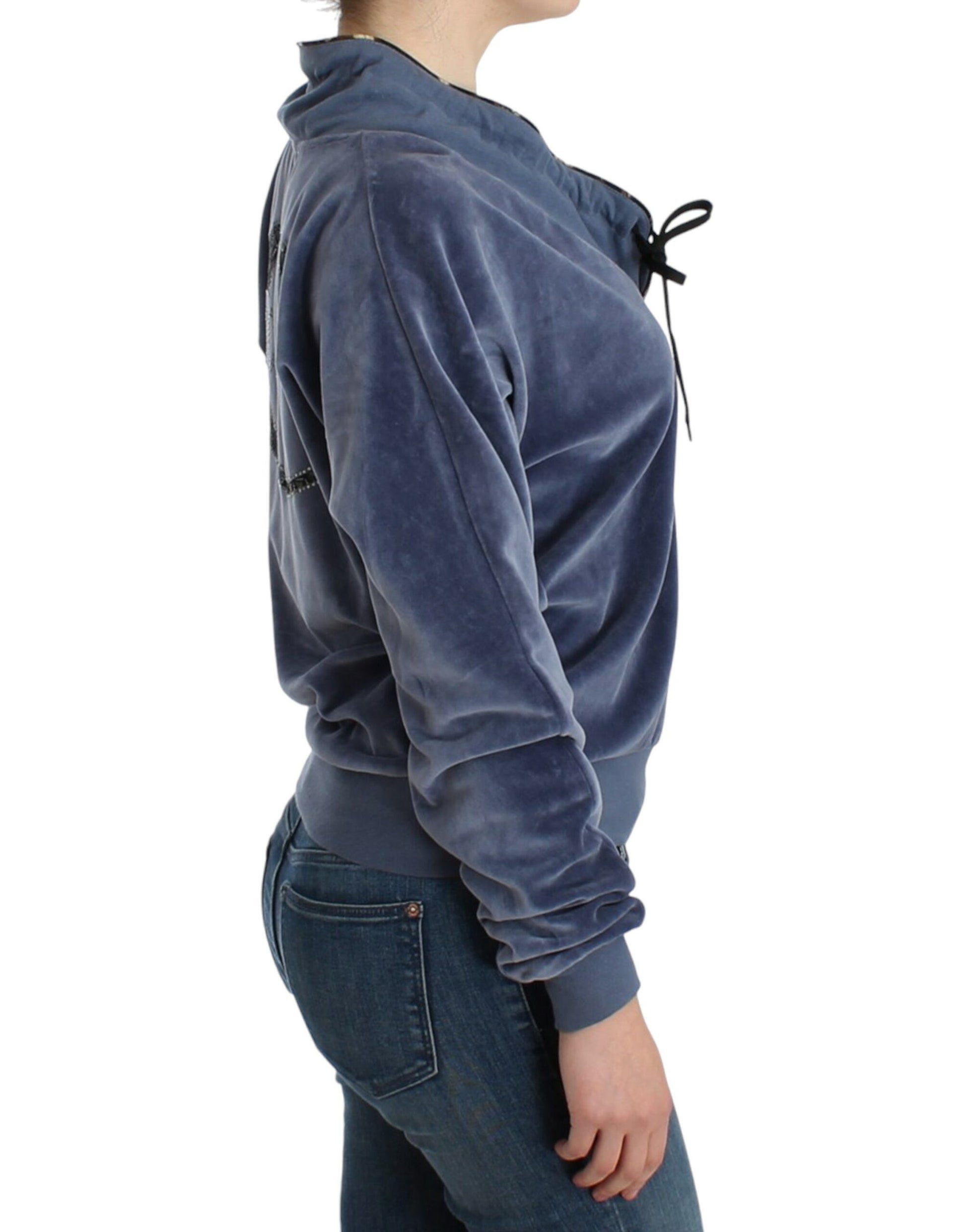 Woman wearing a purple velvet hoodie
