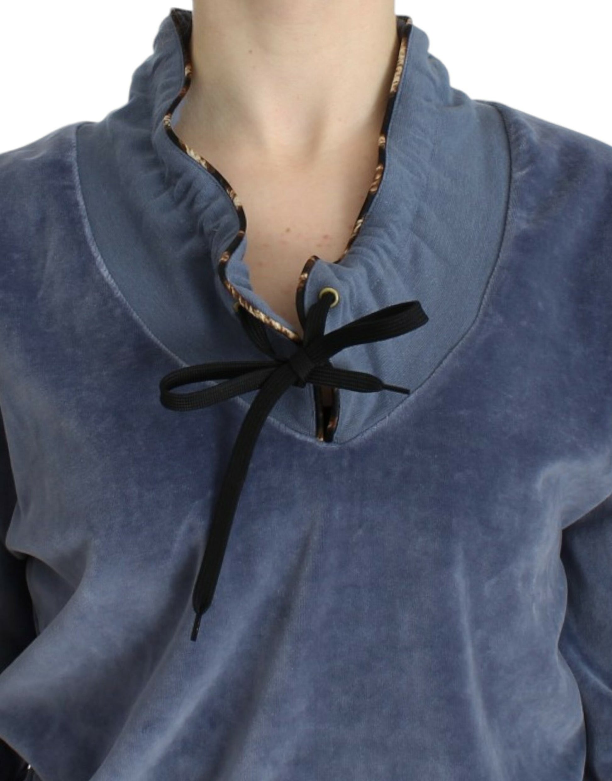 Blue velvet v-neck sweater with bow tie detail